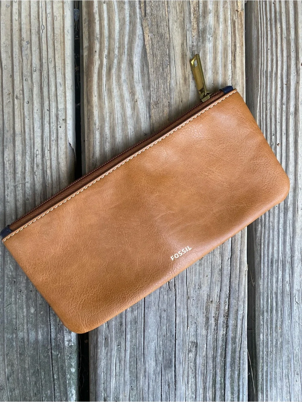 FOSSIL- Leather Zip Pouch - Tan with Turquoise and Navy Accents